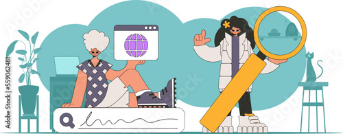A bright and stylish illustration of a man and a woman help to find information on the Internet. Marketing materials.