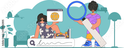 The guy and the girl help to find information on the Internet. Marketing materials.