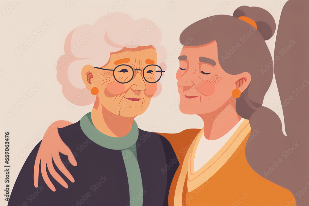 Happy adult daughter and aging mother embrace while sharing a loving moment. Young lady cuddling her grandmother in a portrait. familial connection that is cordial. flat cartoon drawing on a wh Happy adult daughter and aging mother embrace while sharing a loving moment. Young lady cuddling her grandmother in a portrait. familial connection that is cordial. flat cartoon drawing on a wh