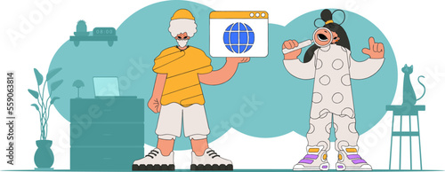 A bright and stylish illustration of a man and a woman help to find information on the Internet. Material for educational content. Perfect for adding a modern and tech touch to your project.