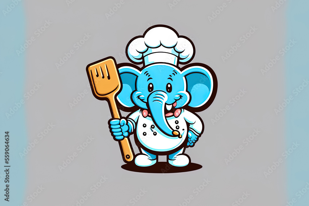Animal food emblem isolated flat with a cartoon depiction of a cute elephant chef holding a spatula. Generative AI