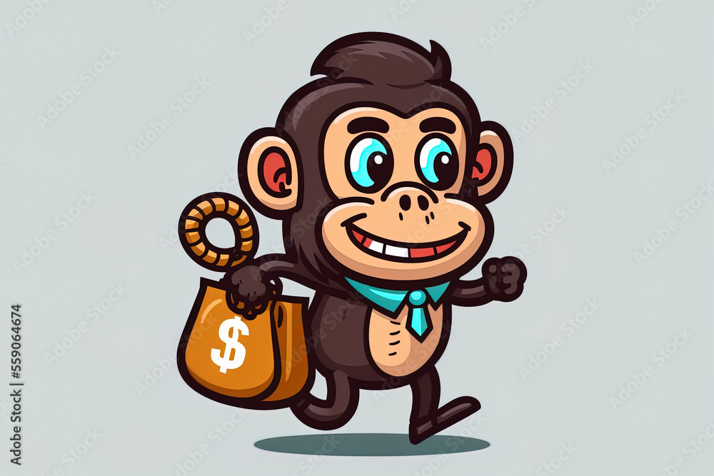 Cartoon symbol of a cool monkey carrying money in a bag. idea of an animal financial emblem, solitary and premium. cartoonishly flat. Generative AI