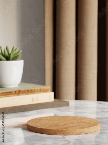 Fototapeta Naklejka Na Ścianę i Meble -  3d wooden display podium with books and succulent on marble table against curtain and wall background. 3d rendering of realistic presentation for product advertising. 3d minimal illustration.