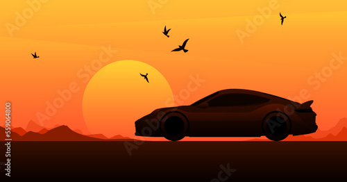 Vector sportcar silhouette on desert sunset landscape. Beautiful car poster. Modern speed car side view, background. Racing club wallpaper. Red sun in California highway. American style drive auto
