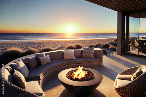 Tableau sur toile Fire pit and furniture on modern luxury mountain