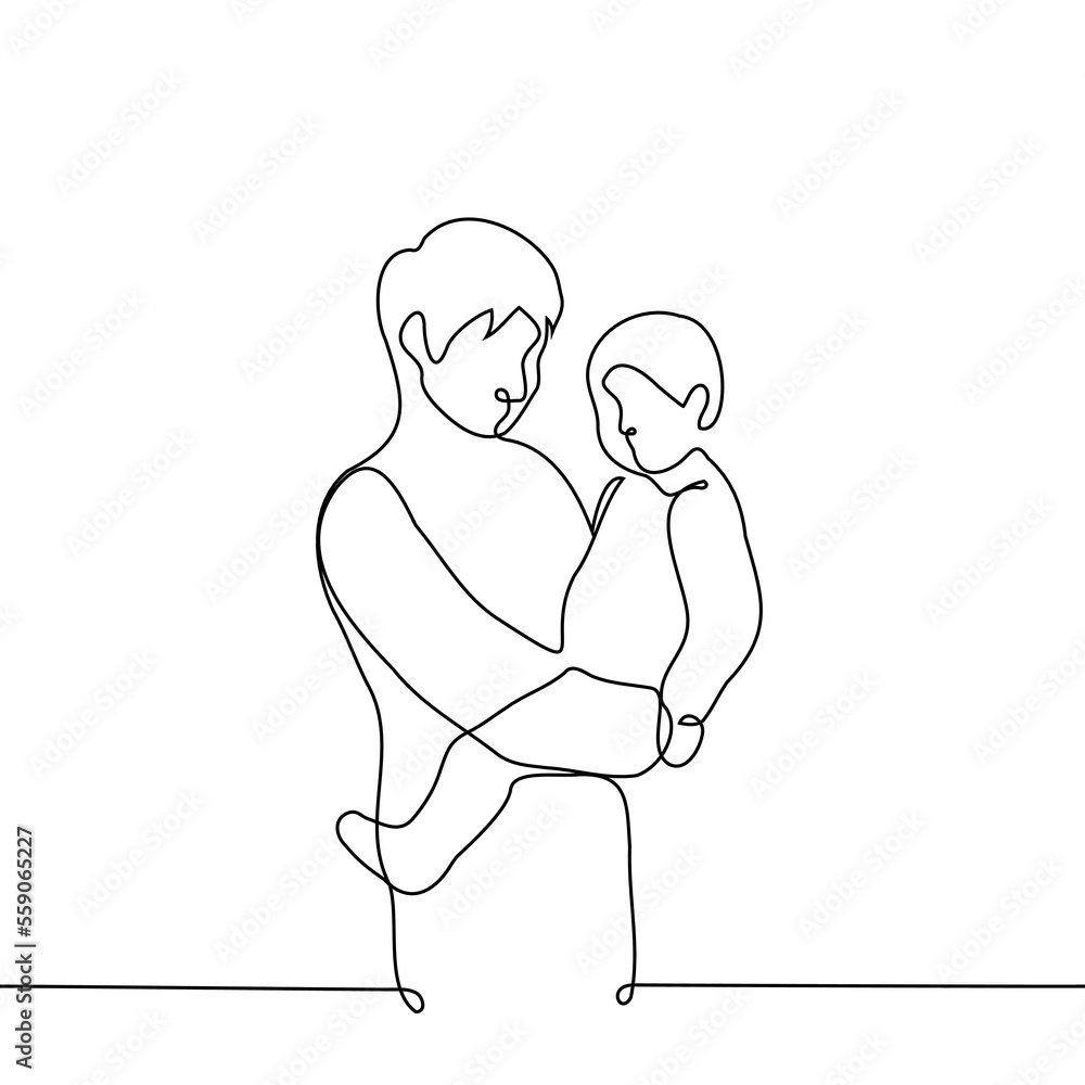 adult man holds a baby in his arms and looks at him - one line drawing vector. concept parenthood, custody, love for children, babysitting