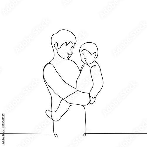 adult man holds a baby in his arms and looks at him - one line drawing vector. concept parenthood, custody, love for children, babysitting