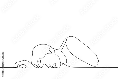 man with open mouth lies on the floor or ground face down - one line drawing vector. concept fainting, sleeping on the floor