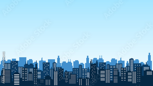 White and blue sky background with city silhouettes of tall buildings