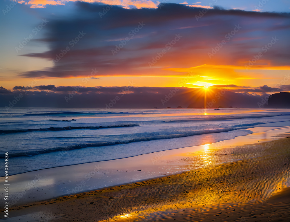sunset on the beach, sunrise, morning, orange sky and sea