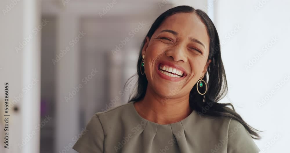 Happy, excited and face of a professional woman in a modern office with a silly, cheerful and joyful pose. Happiness, smile and portrait of a female corporate employee posing with pride in workplace. Happy, excited and face of a professional woman in a modern office with a silly, cheerful and joyful pose. Happiness, smile and portrait of a female corporate employee posing with pride in workplace.