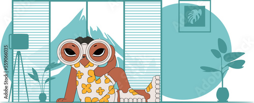 Good for job postings and flyers. Attractive woman using binoculars.