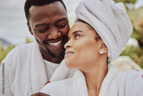 Photography Spa, wellness and relax with a black couple in a health center or luxury resort for romance and dating