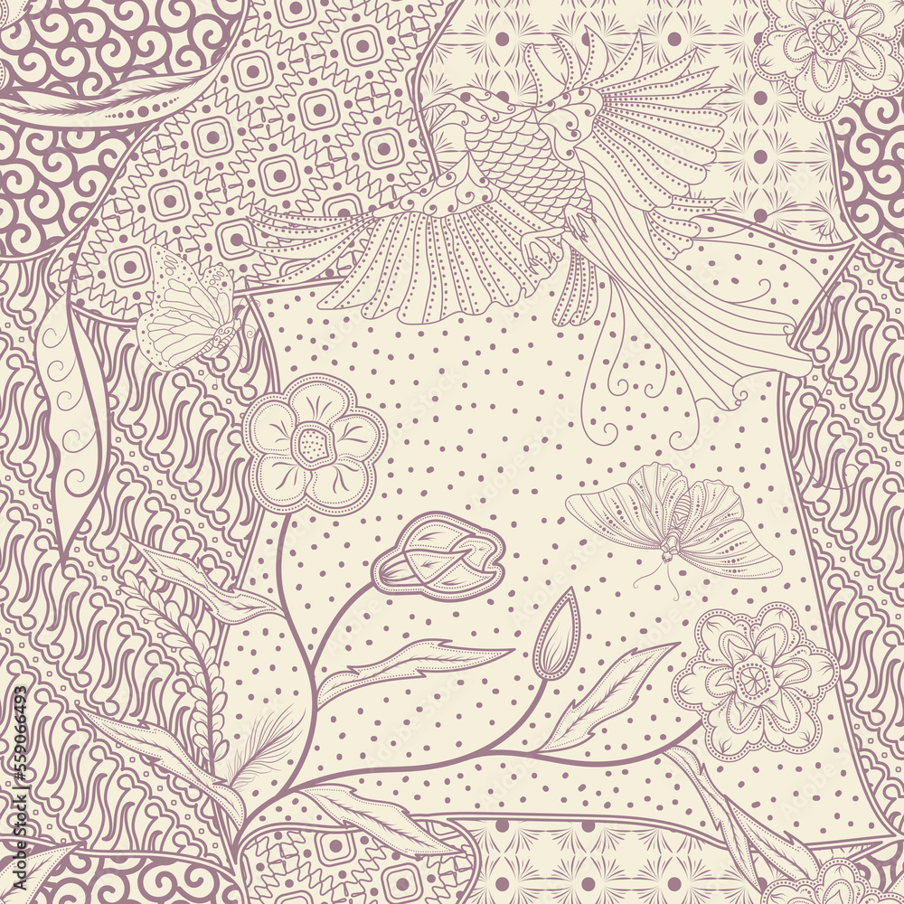 seamless floral and bird concept batik pattern design. traditional pastel color batik