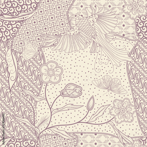 seamless floral and bird concept batik pattern design. traditional pastel color batik