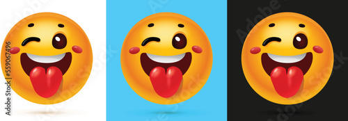A laughing face emoji with one eye open and rosy cheeks with tongue in multiple colors backgrounds - emotion showing happy, naughty face, glossy effect, Smiley vector illustration