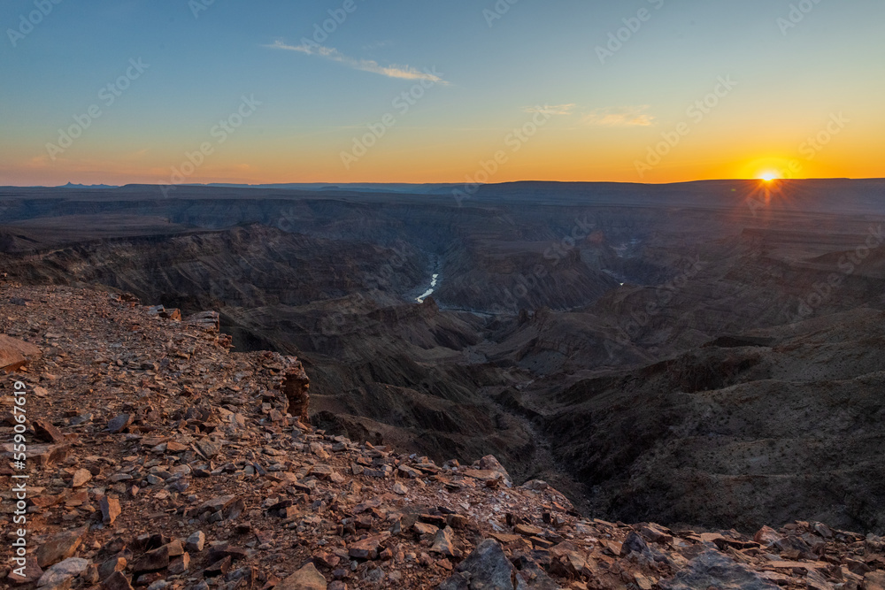 Wide angle landscape shot of the fish river canyon in Southern Namibia, around sunset.