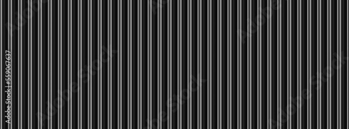 Vector black grooved metal sheet realistic texture. 3d roofing coating construction. Gray iron fence background. Dark corrugated industrial wall seamless pattern. Motor radiator grid. Minimalism line