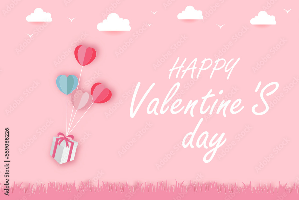 Naklejka premium Happy Valentine's Day Gift boxes with heart balloon flying over grass.banner, wallpaper, Poster, ,paper cut style. Vector illustration.