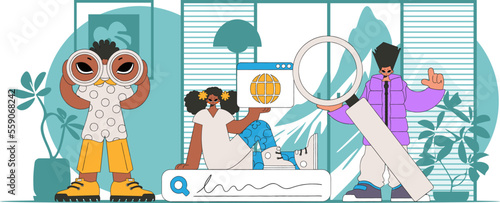 A bright and stylish illustration, A team of people are looking for information. Bright trend character.