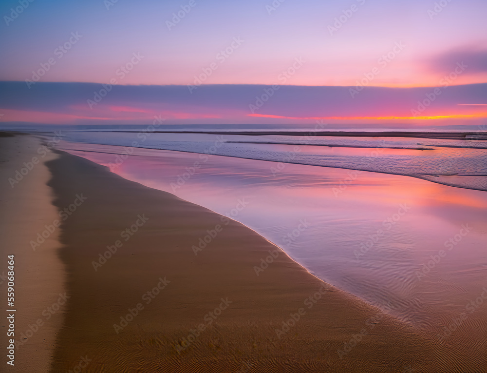 sunset on the beach, purple and red sky, peaceful beach with calm waves sunset on the beach, purple and red sky, peaceful beach with calm waves