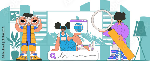 A team of people help find information on the internet. Bright and stylish illustration, modern style character.