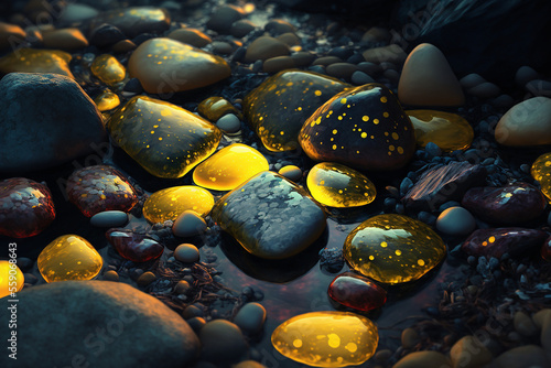 Yellow gemstone, Beautiful transparent stone in a mountain stream, closeup, wallpaper, background