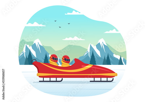 Athlete Riding Sled Bobsleigh Illustration with Snow, Ice and Bobsled Track for Competition in Winter Sport Activity Flat Cartoon Hand Drawn Templates