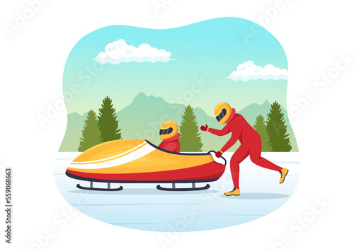 Athlete Riding Sled Bobsleigh Illustration with Snow, Ice and Bobsled Track for Competition in Winter Sport Activity Flat Cartoon Hand Drawn Templates