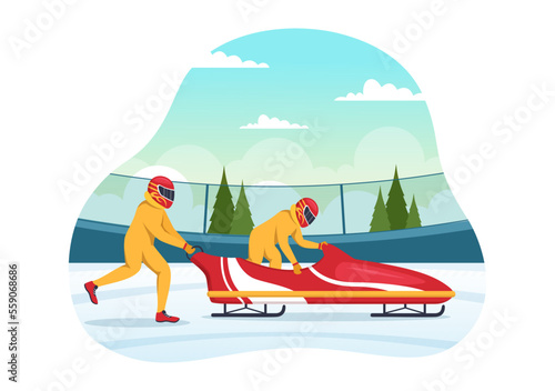 Athlete Riding Sled Bobsleigh Illustration with Snow, Ice and Bobsled Track for Competition in Winter Sport Activity Flat Cartoon Hand Drawn Templates