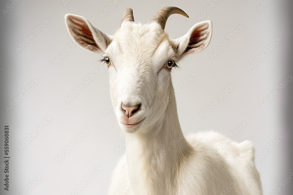 a white goat in a portrait pose, standing alone against a white backdrop. Generative AI a white goat in a portrait pose, standing alone against a white backdrop. Generative AI