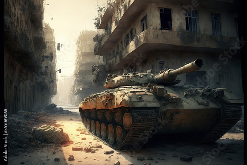 Light tank on a desolated war torn street - Generative AI
