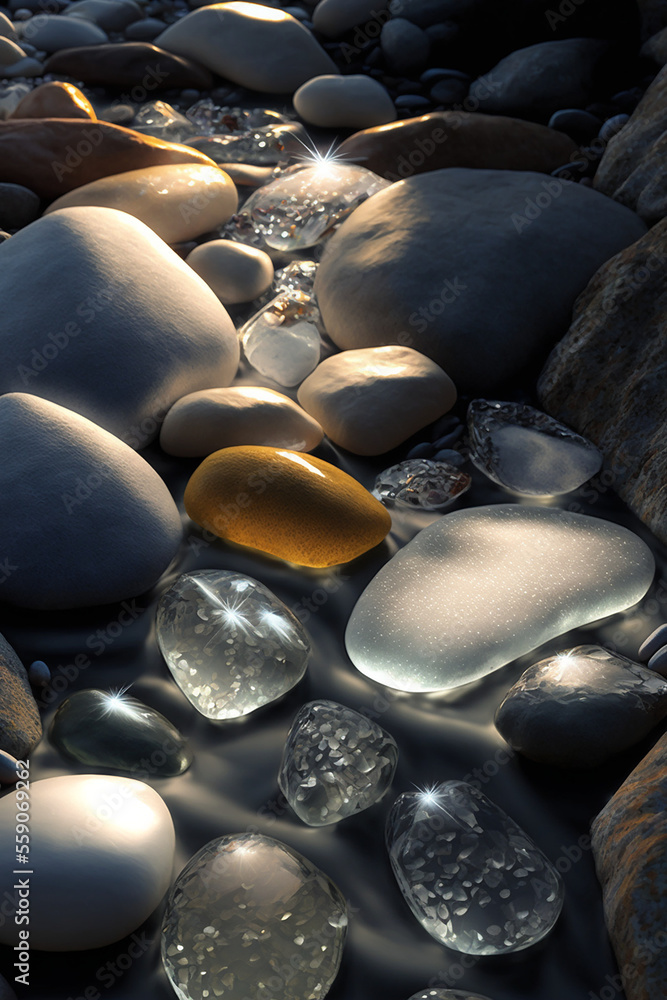 Fototapeta premium Grey gemstone, Beautiful transparent stone in a mountain stream, closeup, wallpaper, background