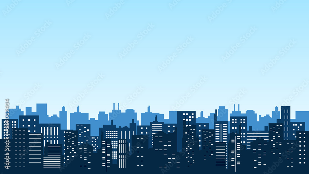 Vector silhouettes of city buildings with shadows of tall buildings around them
