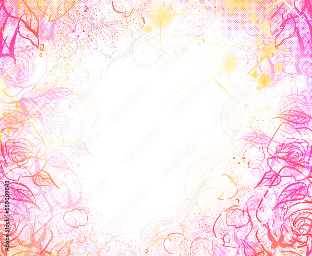 70年代少女漫画キラキラしたピンク色の薔薇の花園背景ペン画イラスト透過背景 70年代少女漫画キラキラしたピンク色の薔薇の花園背景ペン画イラスト透過背景