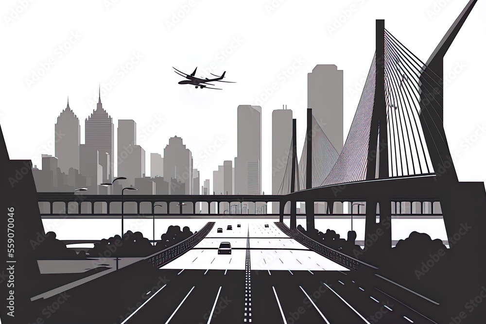 a view of the city's infrastructure. a substantial cable stayed bridge. White background with gray outlines. A aircraft flies. vacant roadway Urban scene, modern city, skyscrapers, design art