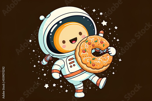 cute cartoon symbol of an astronaut holding a doughnut in orbit. food science symbol idea, isolated. cartoonishly flat. Generative AI