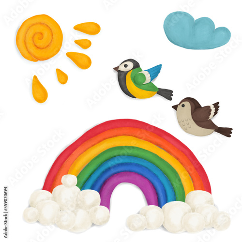 Plasticine rainbow sun and birds from colored clay