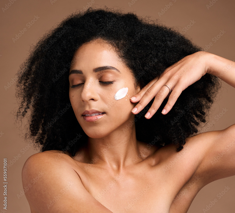 Skincare, black woman and cream for face detox, organic facial and