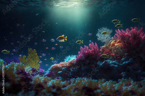Underwater seascape, coral reef and colorful fish. AI