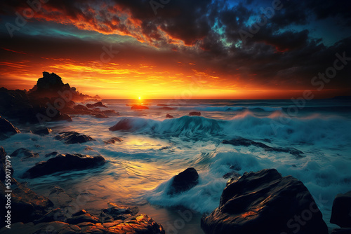 Beautiful sunrise over the sea. AI