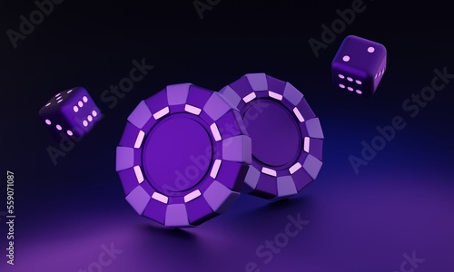 Purple chips and flying dices on dark background. Casinos gambling concept. 3d render 3d rendering illustration.