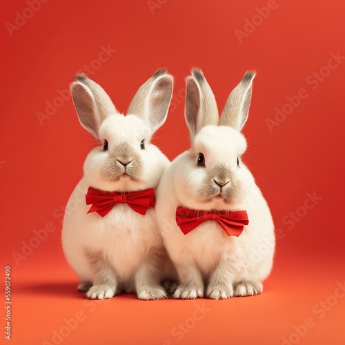 Rabbit with ribbon on isolated red background,