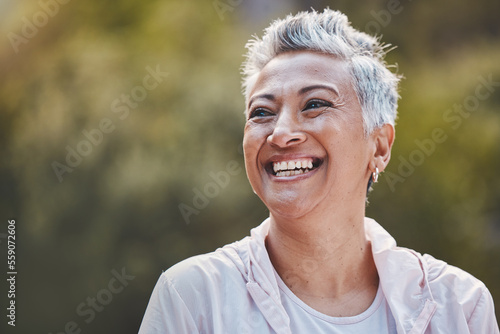 Face, fitness and senior woman in nature ready for workout, exercise or training mock up. Sports, thinking and retired elderly female from India preparing for running or jog for health and wellness.