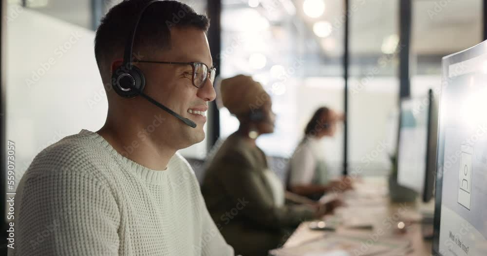 Contact us, crm or happy consultant in call center talking, communication or helping with inbound marketing. Customer services, technical support or salesman speaking of life insurance on microphone