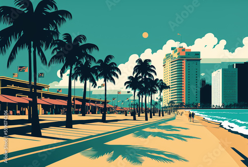 illustration of a beach of a seaside town. Generative AI
