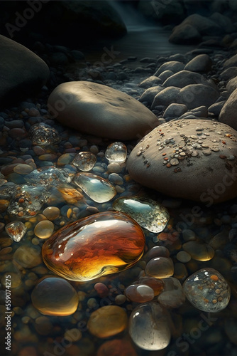 Beautiful transparent stone in a mountain stream, closeup, wallpaper, background