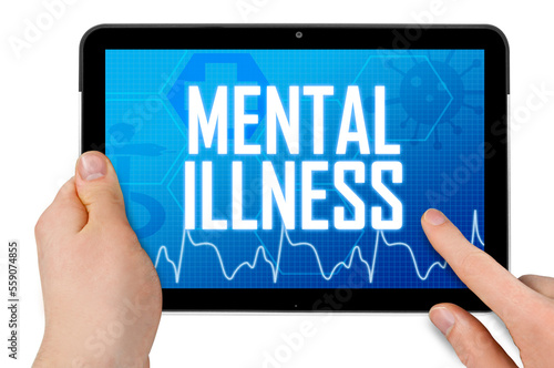 Tablet computer with message mental illness isolated on white background