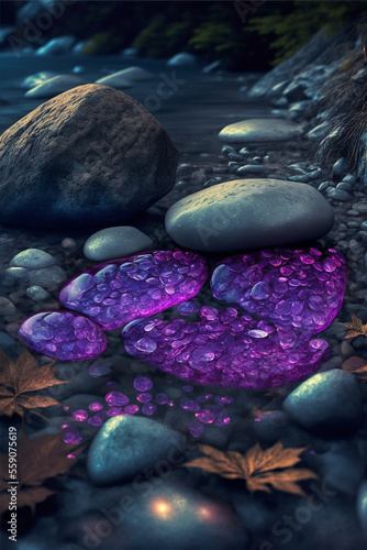 Purple gemstone, Beautiful transparent stone in a mountain stream, closeup, wallpaper, background