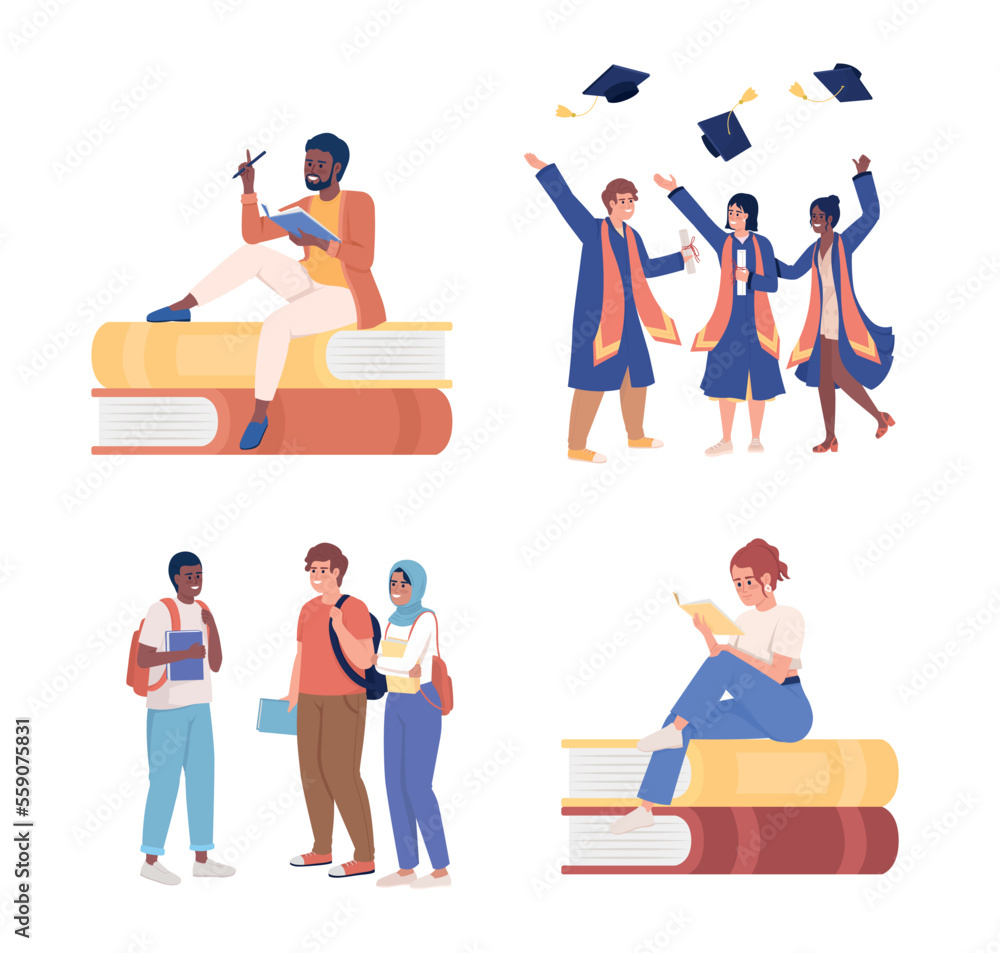 Learning student semi flat color vector characters set. Editable figures. Full body people on white. Graduation university simple cartoon style illustration for web graphic design and animation